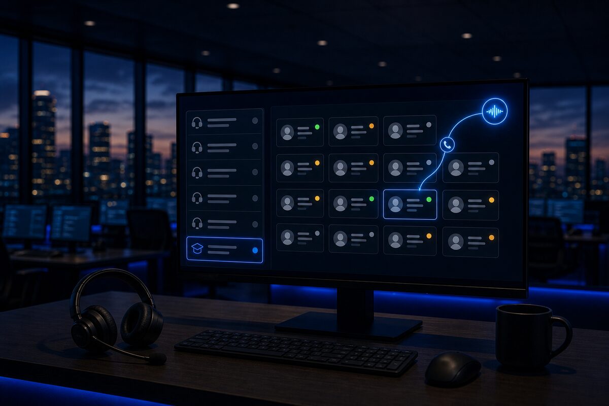 A monitor showing queue lanes with a highlighted training lane beside a grid of agent tiles, an AI voice orb arcing a practice call to an available agent