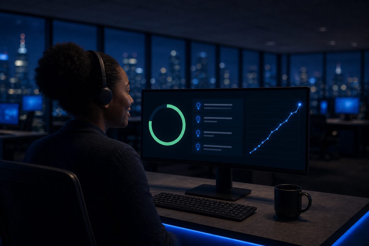 An agent smiling at her monitor after a practice call, showing a large green score ring, recommendation rows with lightbulb icons, and an upward trend line