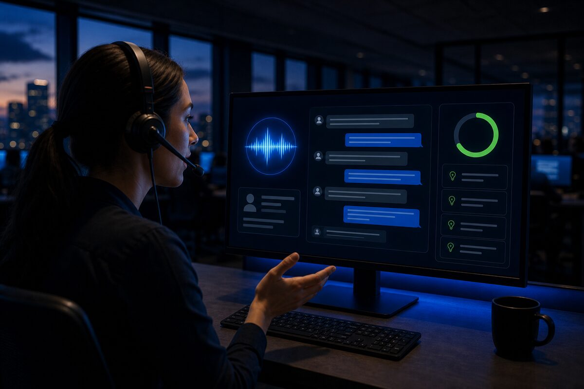 An agent in a headset mid-sentence on a practice call, her monitor showing an AI prospect orb, a persona card, transcript bubbles, and a live green score ring