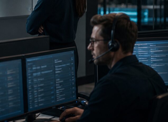 An agent wearing a headset working at two monitors