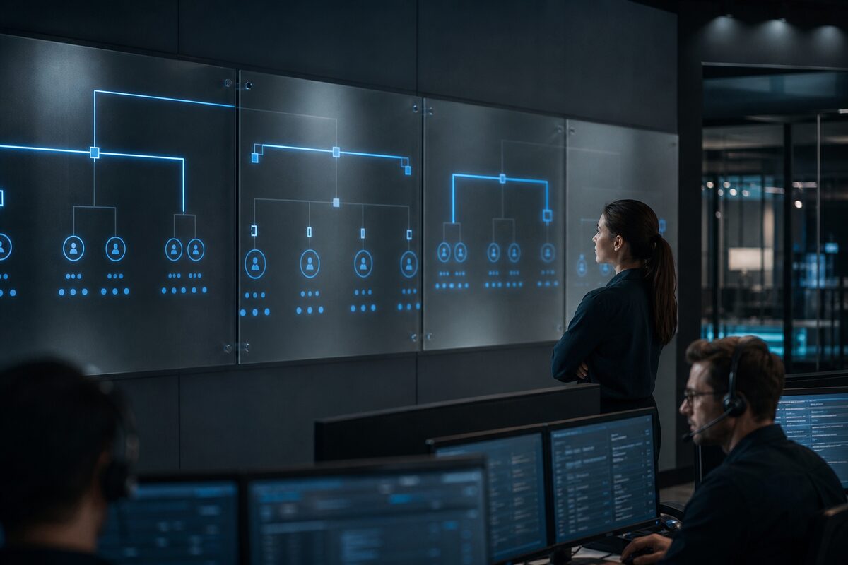 Supervisors reviewing a routing map on a wall of monitors