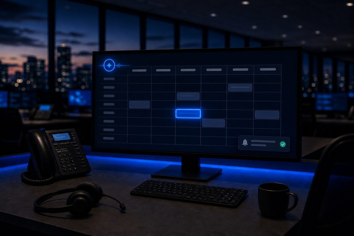 A monitor showing a weekly calendar with one glowing booked slot, a small AI voice orb, and a confirmation toast with a green check