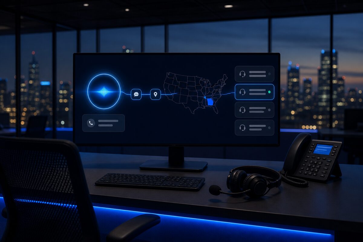 A monitor showing an AI voice orb reading an incoming call, tagging intent and location on a US map, and lighting up one of four queue cards