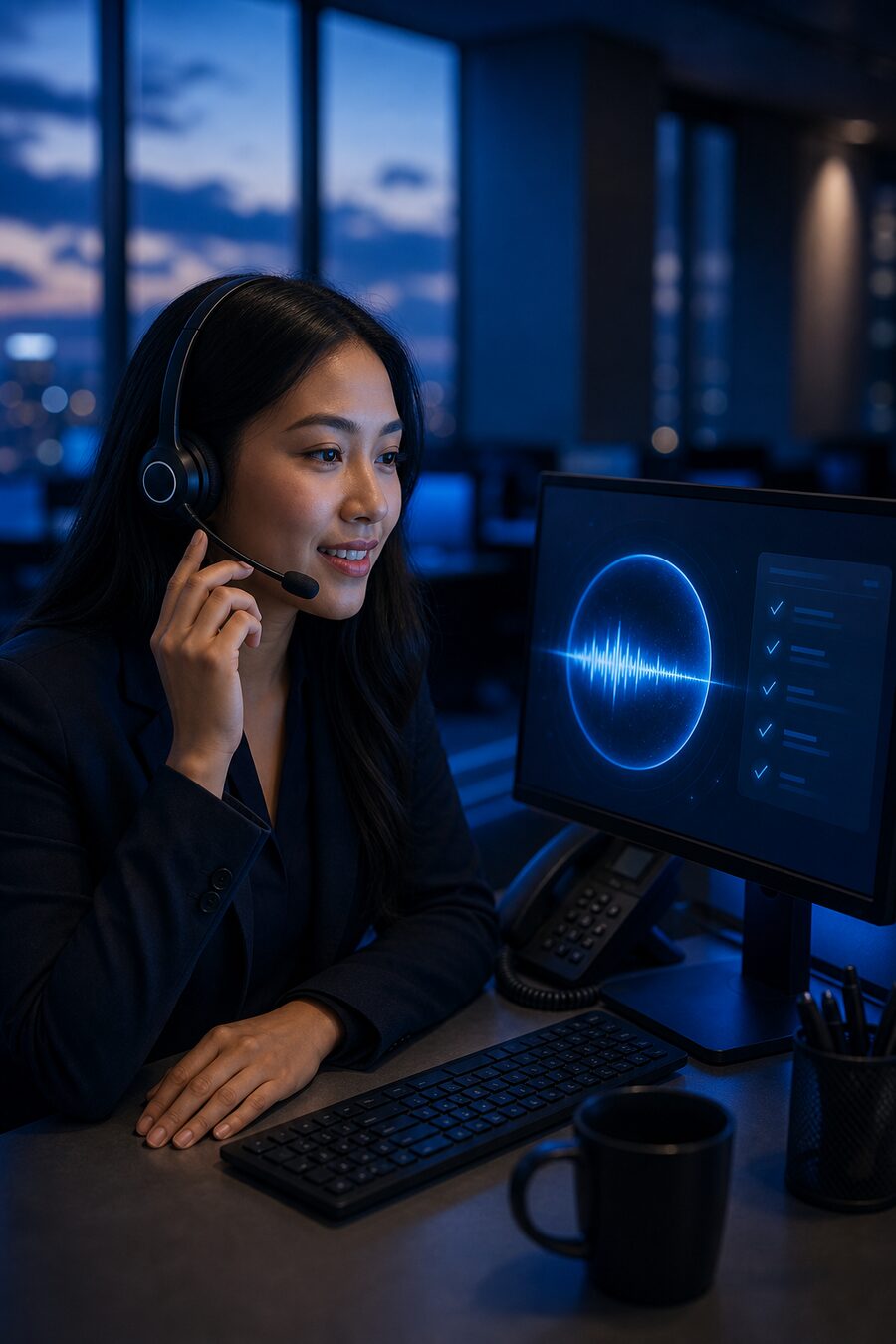 An agent on a practice call with an AI voice orb on her monitor