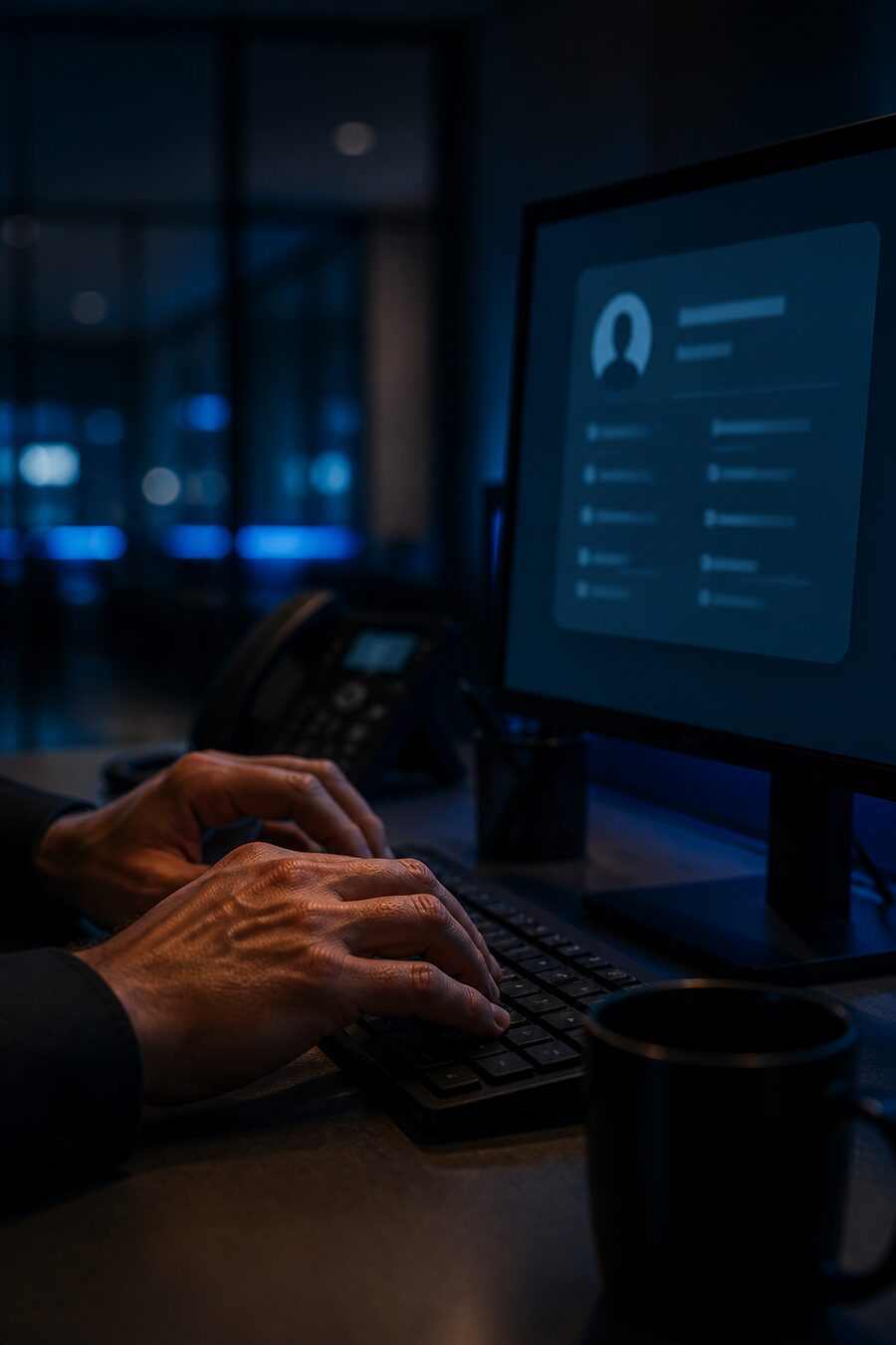 An agent reviewing a contact record on a wide monitor