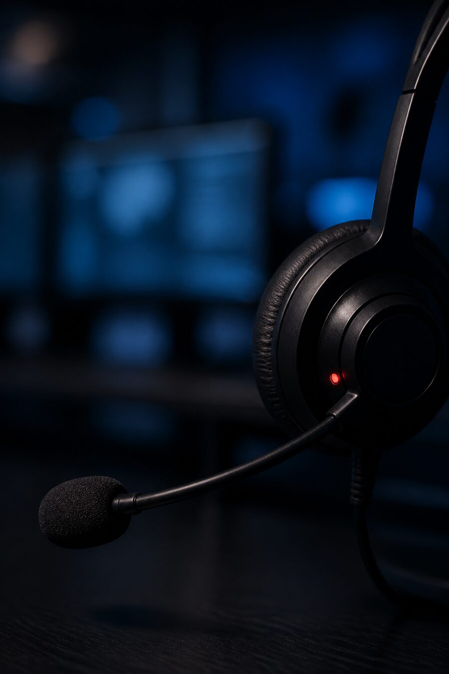 Close-up of a headset microphone with a recording light
