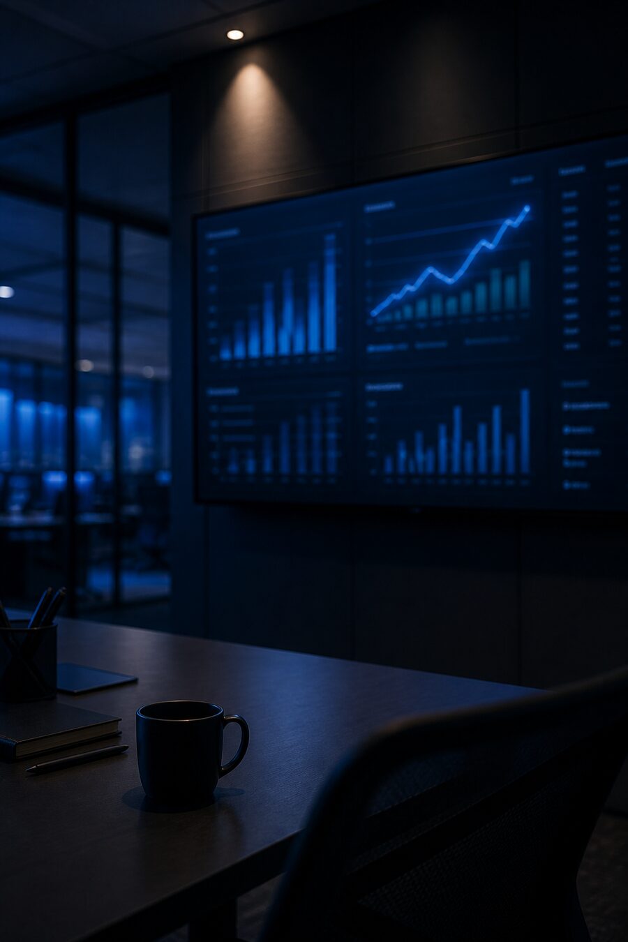 A wall monitor showing charts in a dark office