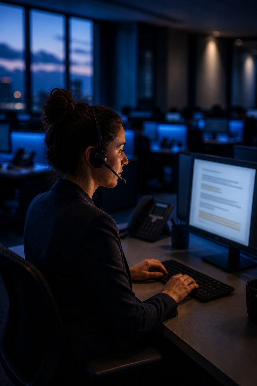 An agent reading a document on her monitor