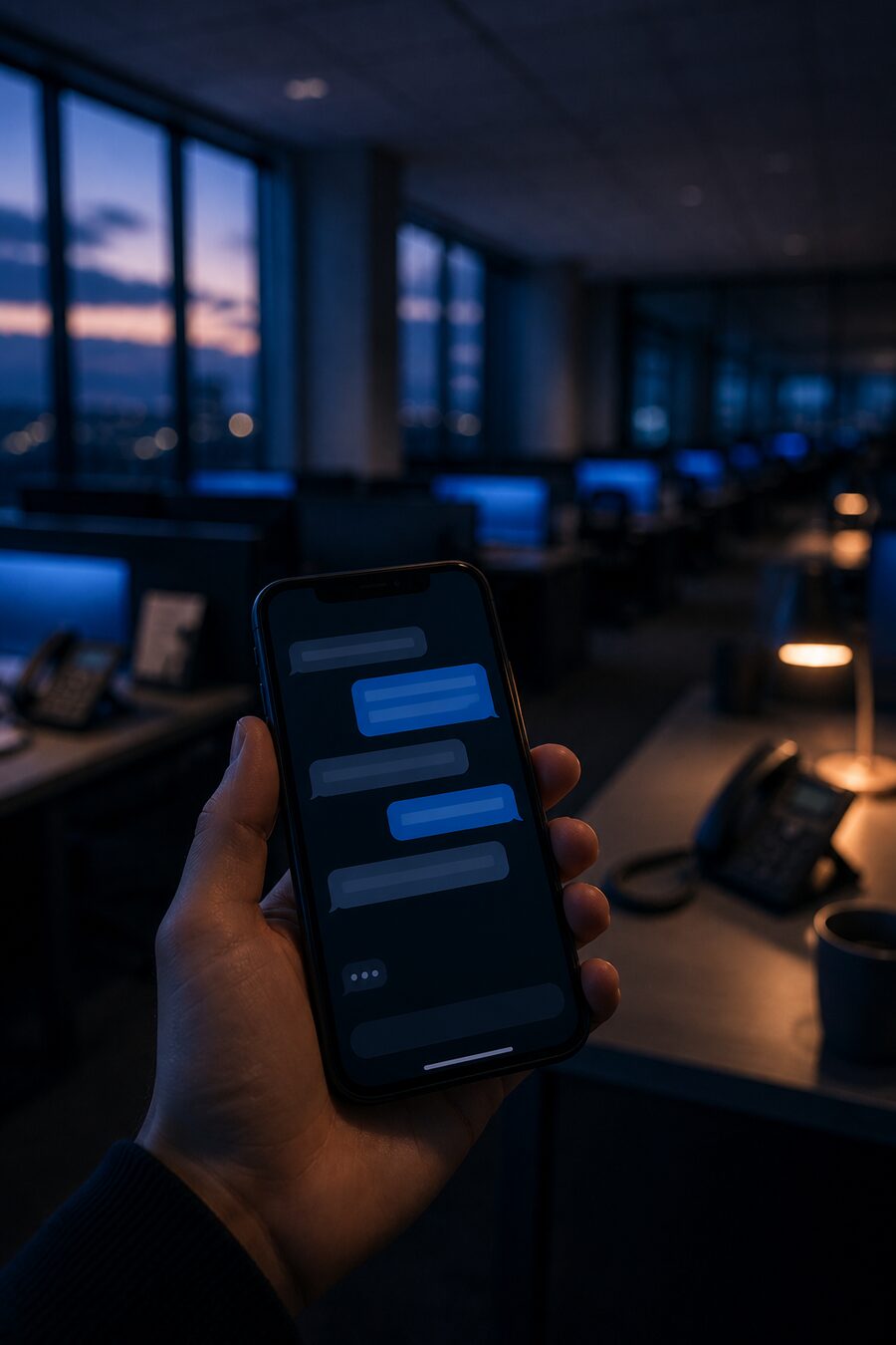 A hand holding a phone with a text conversation