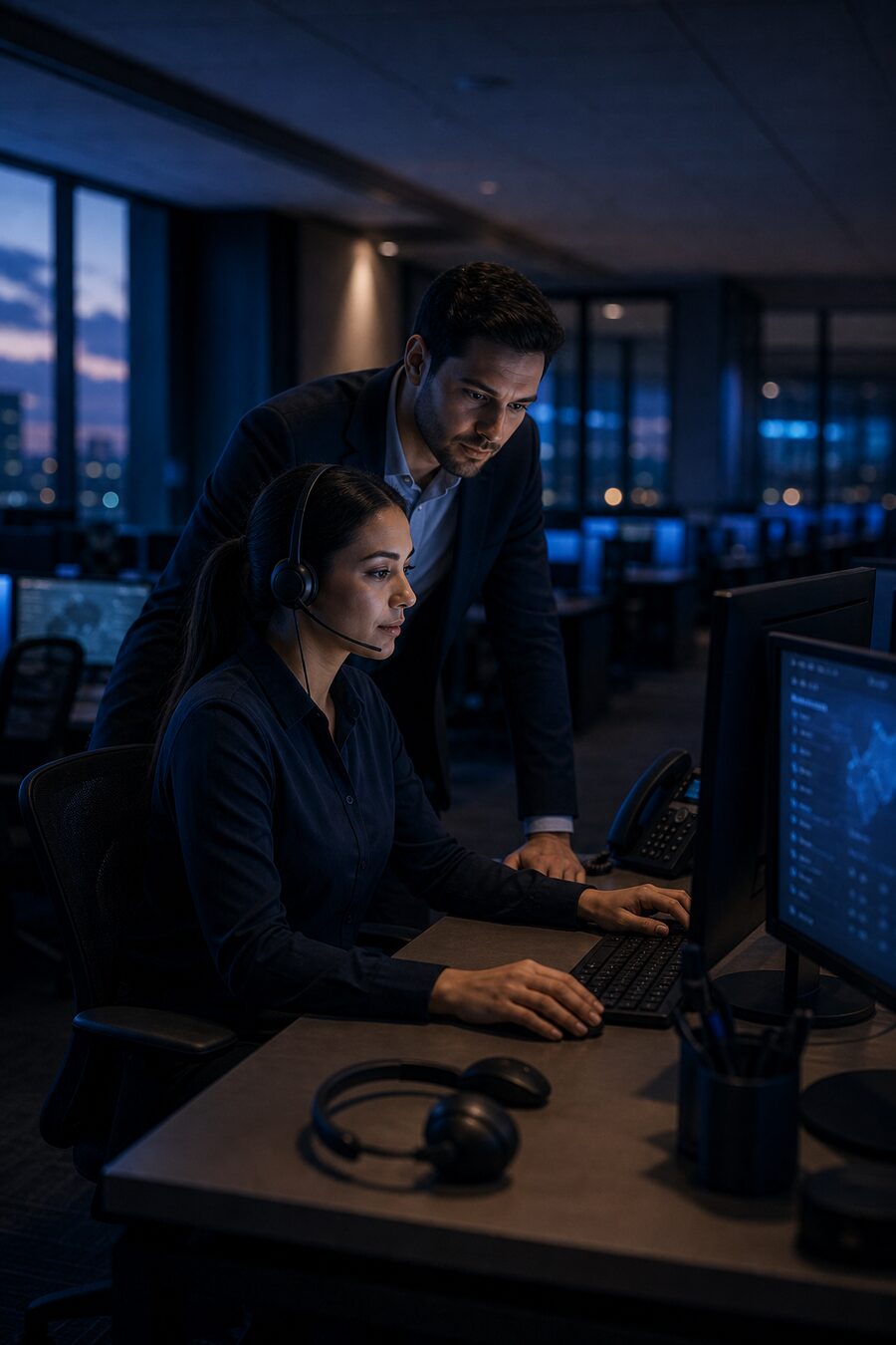 A supervisor coaching a seated agent at her monitor