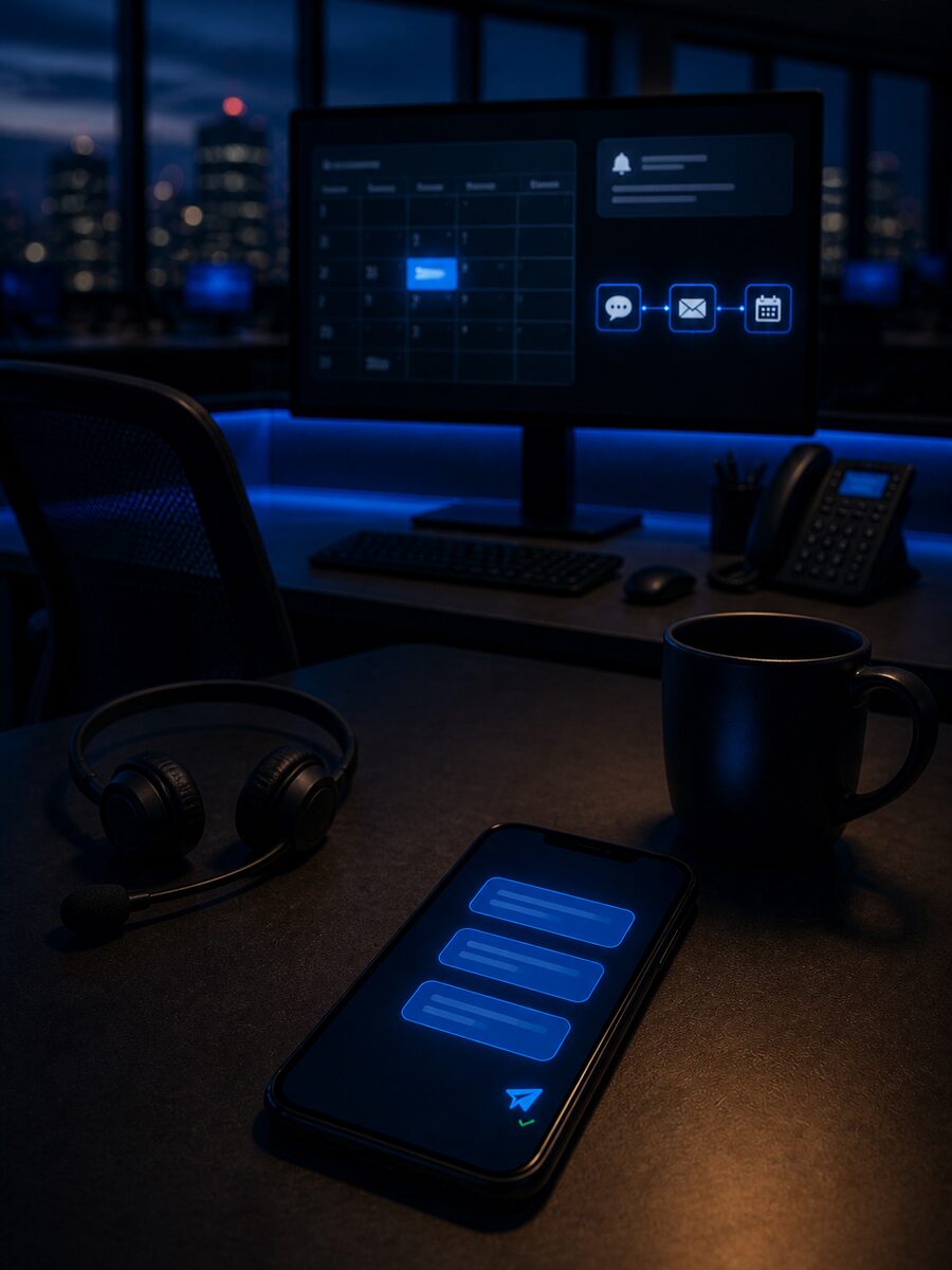 A phone showing texts sent automatically, with a calendar booking and automation steps on the monitor behind it