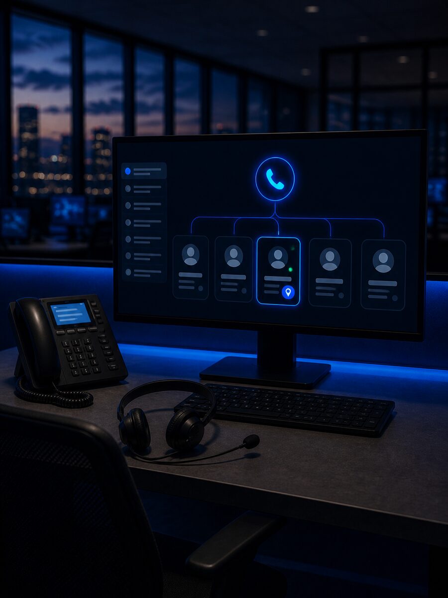 A monitor showing an incoming call routed to one highlighted agent out of five, with a ringing desk phone below