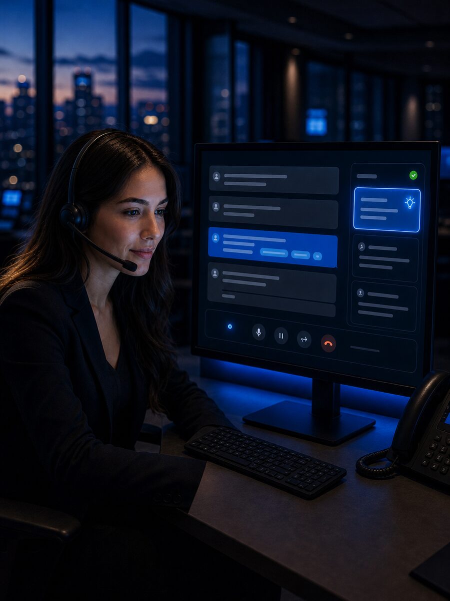 An agent on a headset working a call, with the script and AI Sales Coach suggestions on her monitor