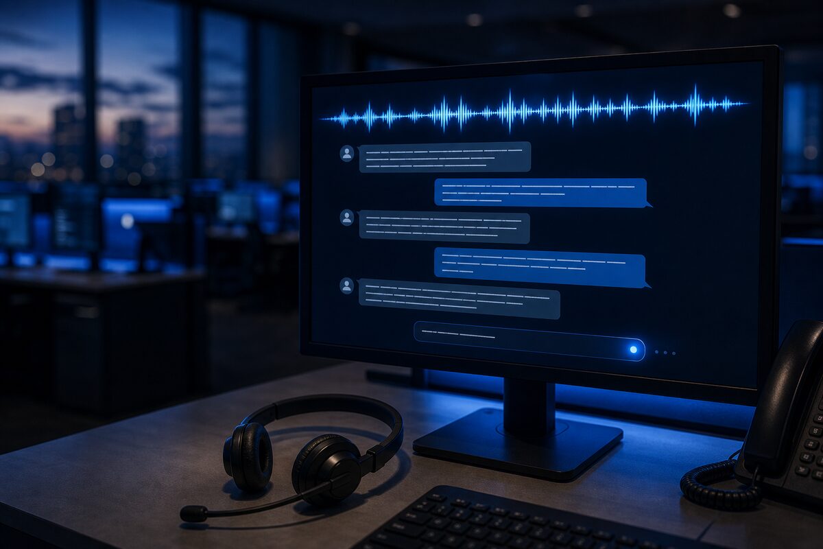 A monitor showing a live audio waveform above transcript bubbles, headset on the desk