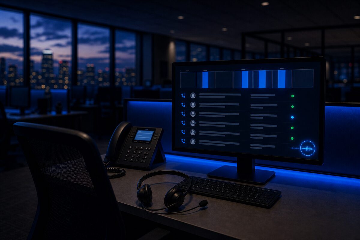 A monitor showing a seven-day calling-window strip above outbound call rows with status dots and a small AI voice orb, desk phone alongside