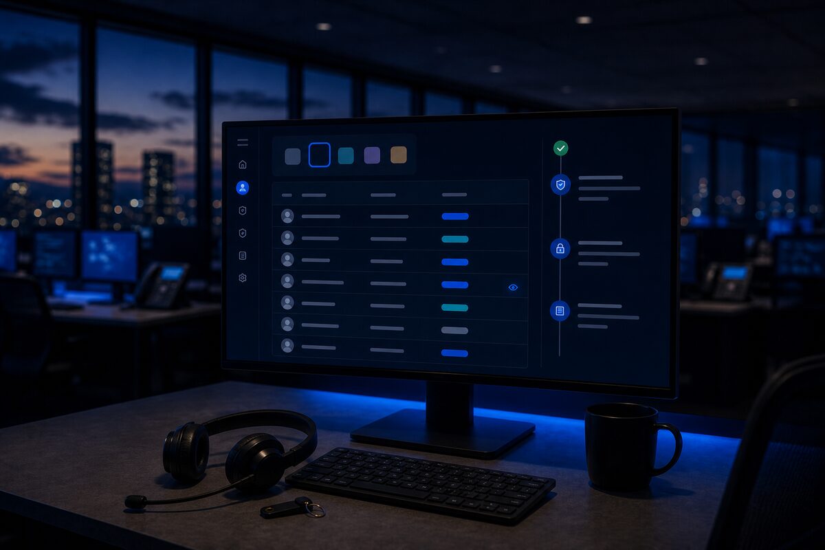 A monitor showing an admin console with a users-and-roles table, tenant switcher, and audit log, with a security key on the desk
