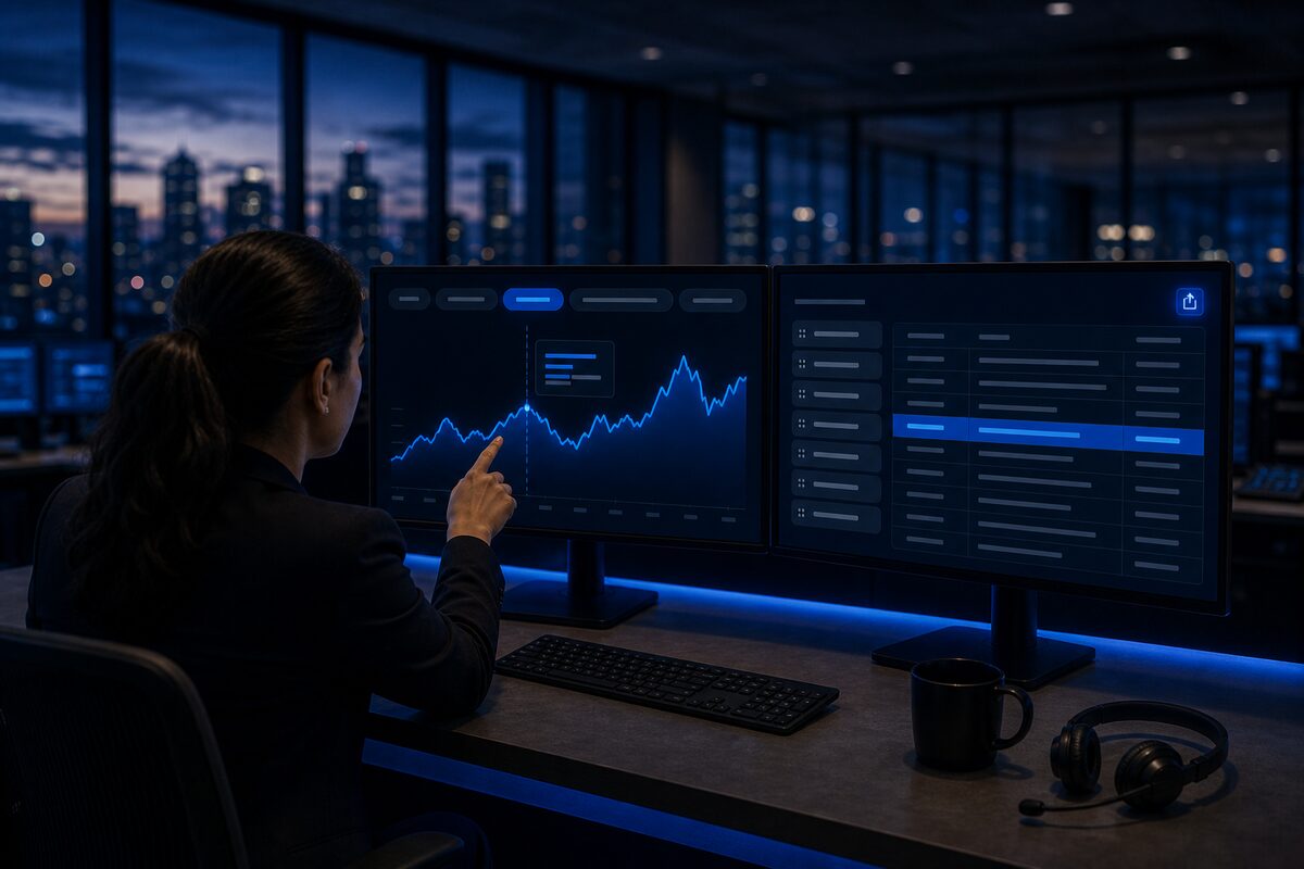 An analyst pointing at a line chart on one monitor beside a report builder table on a second monitor