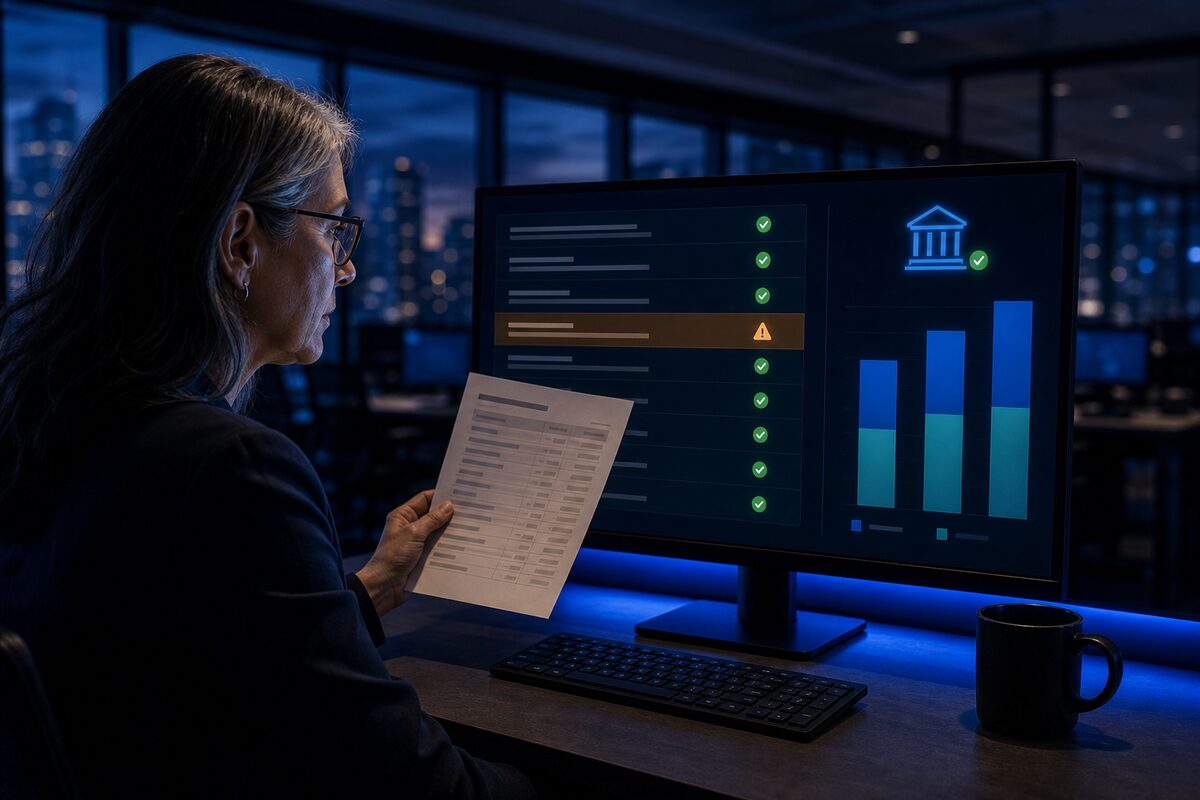 A finance manager comparing a printed carrier statement against a reconciliation screen with matched rows and one flagged line