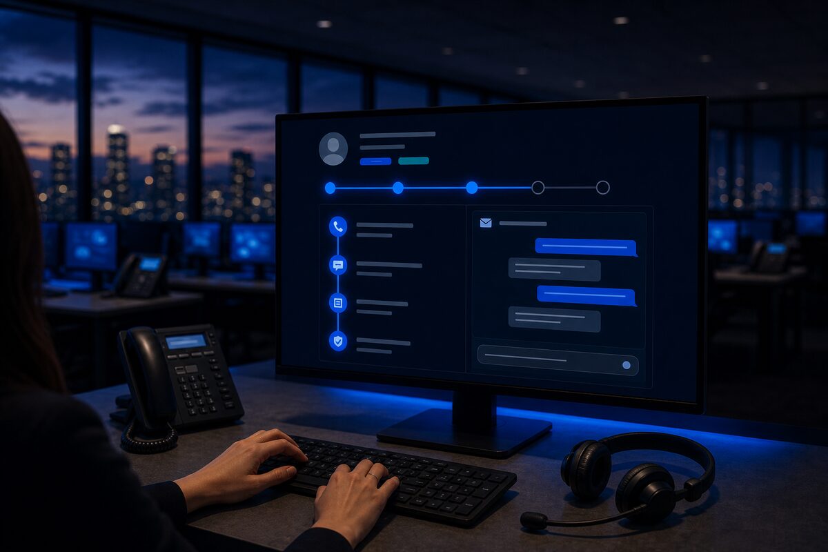 An agent typing at a monitor showing a policy record with a lifecycle stepper, event timeline, and conversations panel