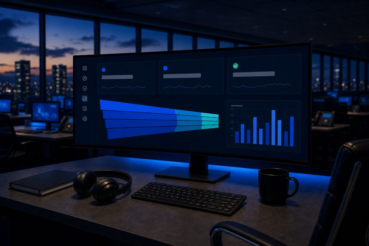 An ultrawide monitor showing three production KPI cards above a funnel chart, on an empty executive desk at dusk