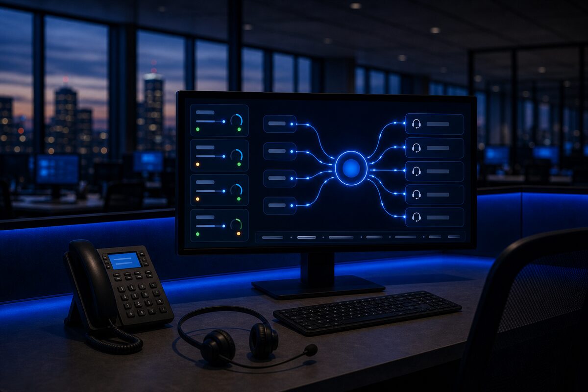 A monitor showing campaign cards feeding publisher nodes through a central marketplace hub into agent queues, with a ringing desk phone