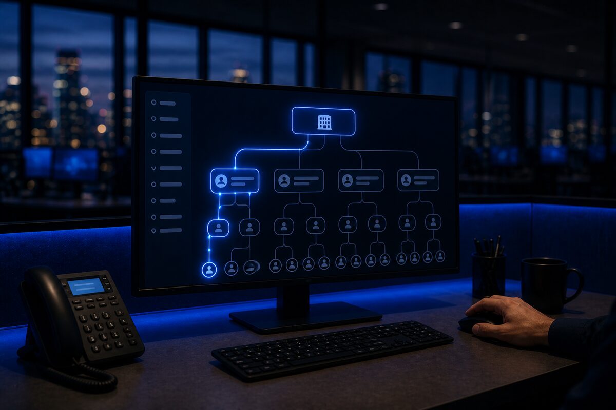 A monitor showing an agency hierarchy tree branching from one root down to rows of agents, one branch lit blue