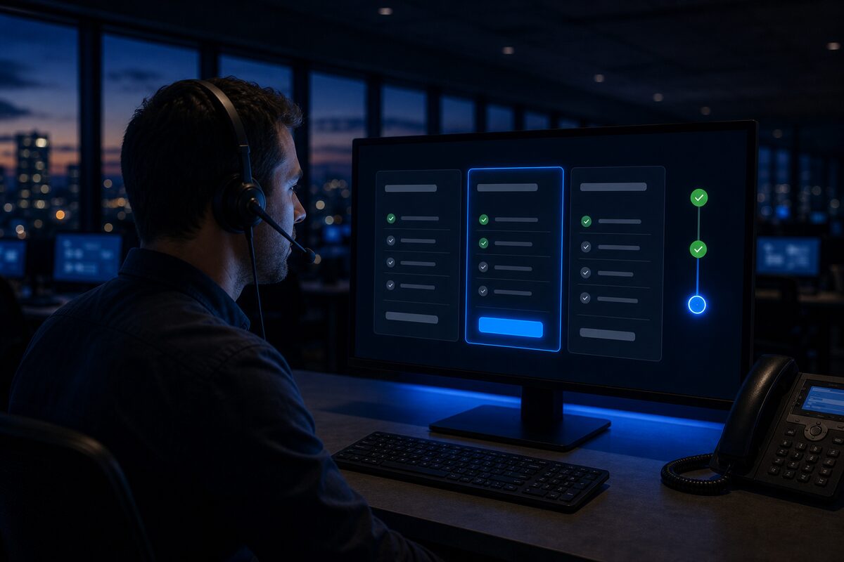 An agent on a headset comparing three plan cards on his monitor, the middle plan highlighted, with an enrollment stepper beside it