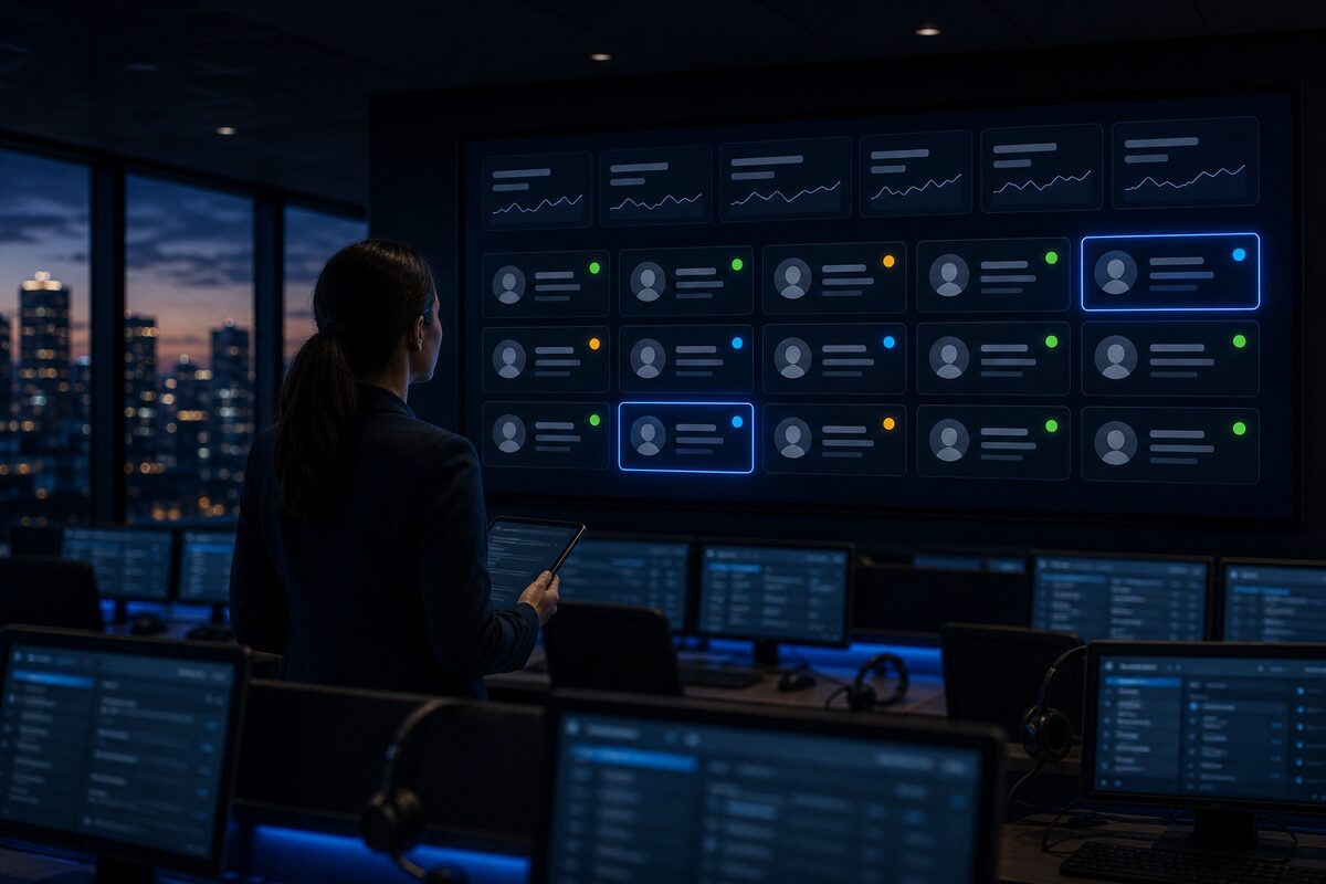 A supervisor holding a tablet in front of a wall display showing a live agent wallboard above rows of workstations